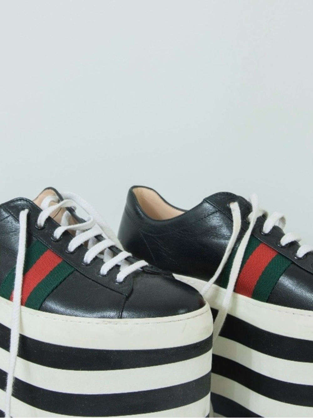Gucci Black Leather Platform Sneakers with Green and Red Stripe